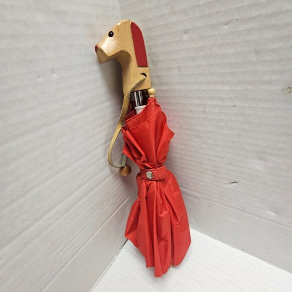 Vintage Child Kid Boy Girl Totes Umbrella Wood Wooden Dog Puppy Head Handle Red - Picture 4 of 13